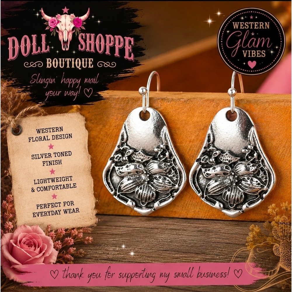 Western Floral Silver Dangle Earrings
